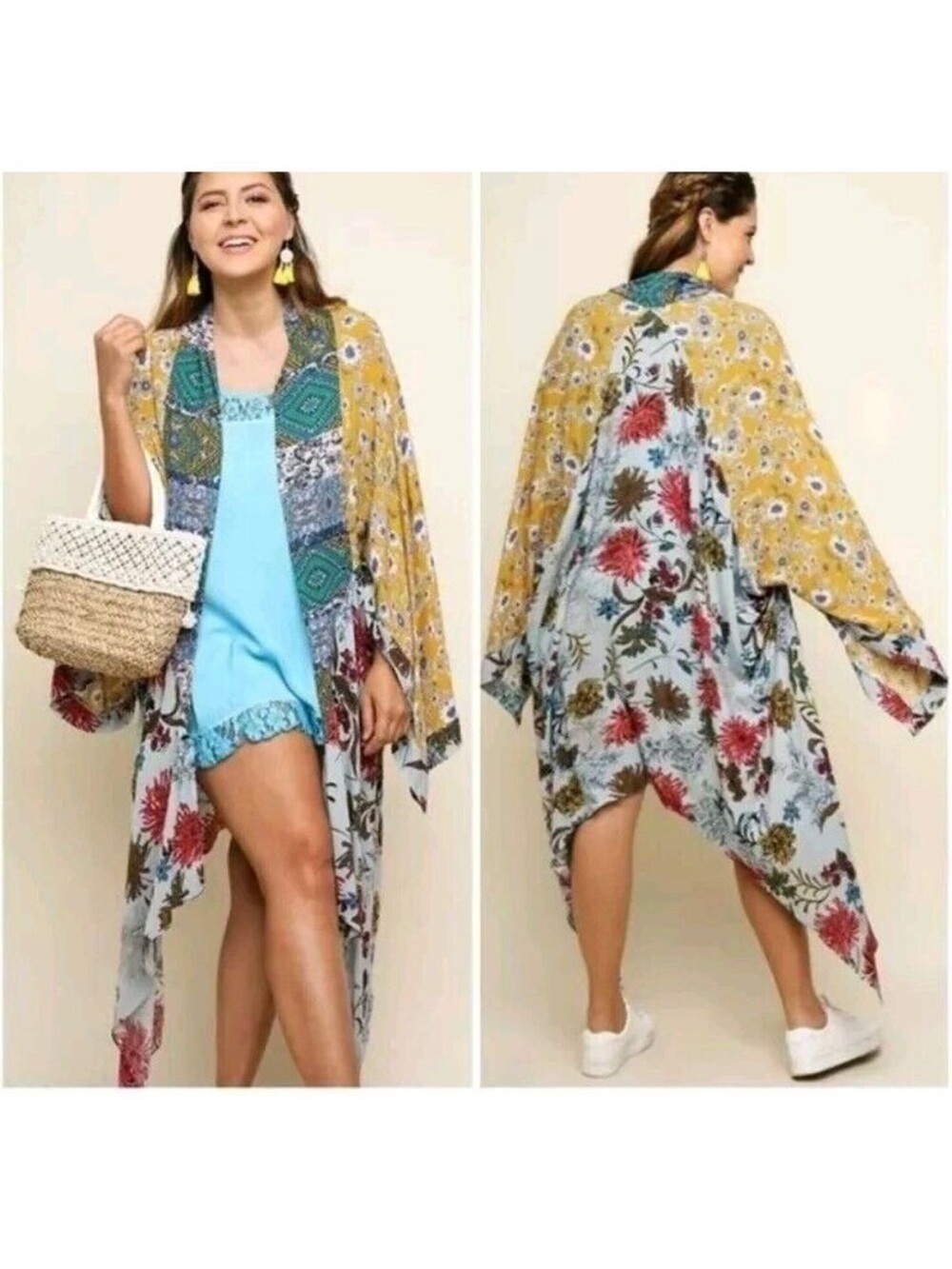 UMGEE Women's Floral Sage Mixed Print Kimono Duster Draped Sleeve Size S/M